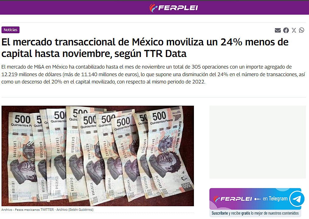 El mercado transaccional de Mxico moviliza un 24% menos de capital hasta noviembre, segn TTR Data